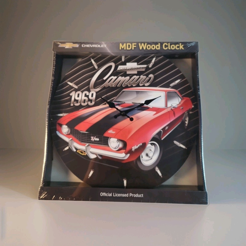 1969 Red Chevrolet Camaro Wooden Wall Clock GM Licensed 12" Man Cave Garage NIB